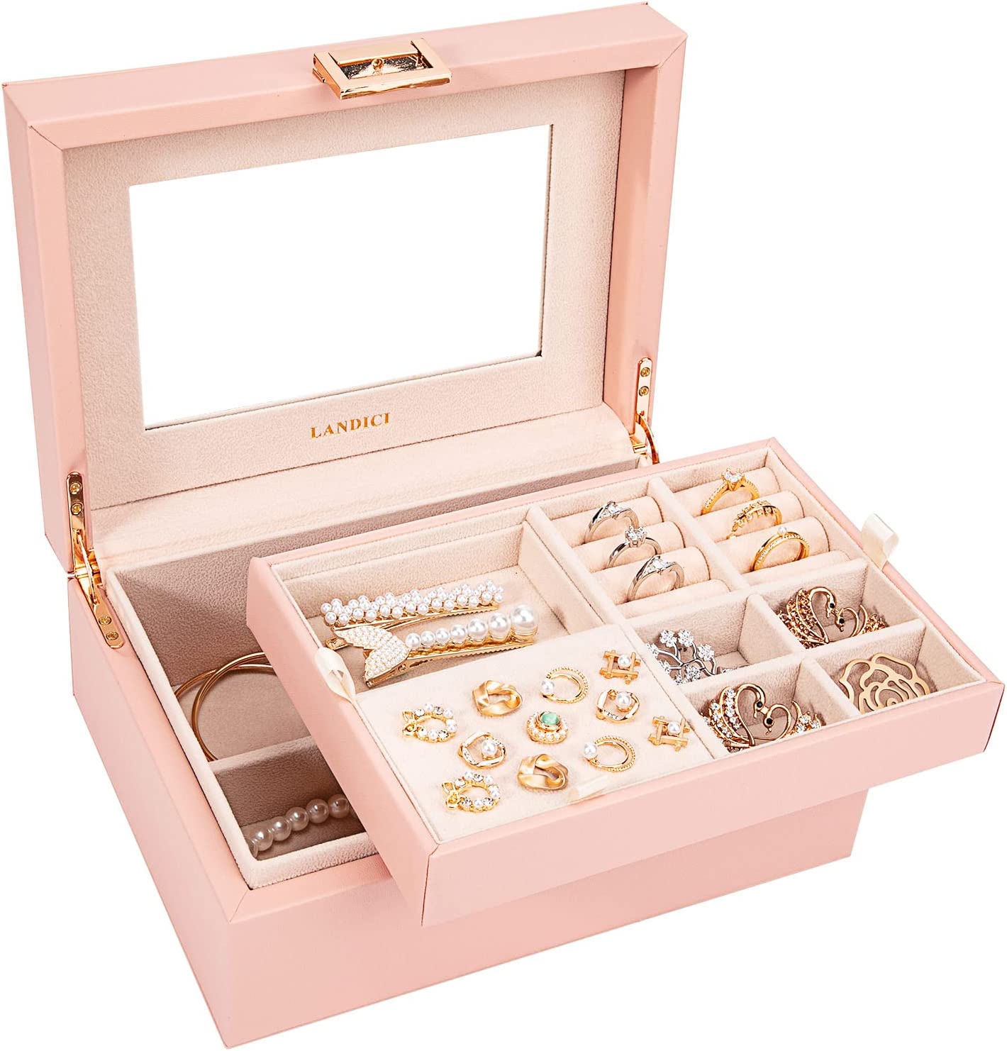 230816064506768_1 LANDICI Jewelry Organizer Box for Women Teen Girls,Large Jewelry Storage Case with Mirror,2 Layer Removable Stackable Tray,Leather Jewellery Display Holder for Ring Necklace Earring Bracelets,Grey - Image 1